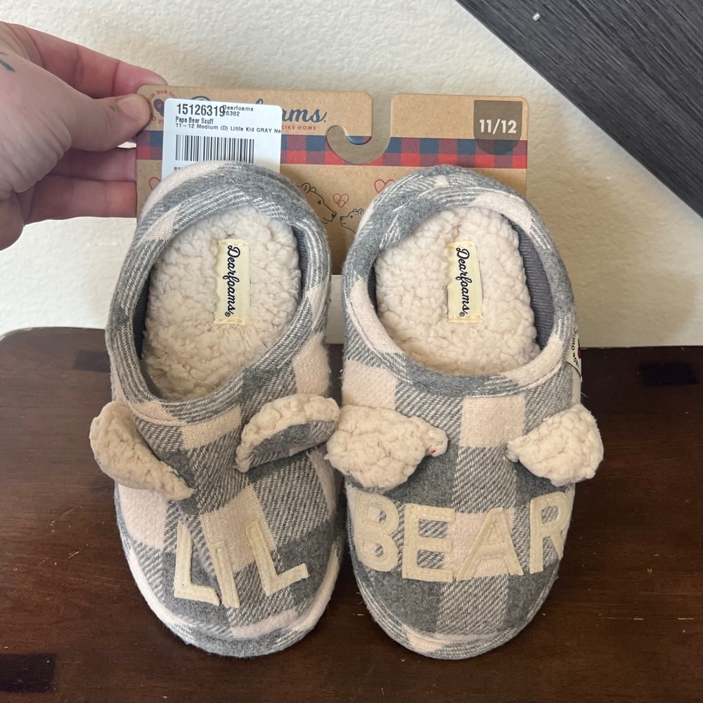 Dearfoams Kids Bear Buffalo Plaid Slippers Gray Cozy House Shoes Size 11/12‎